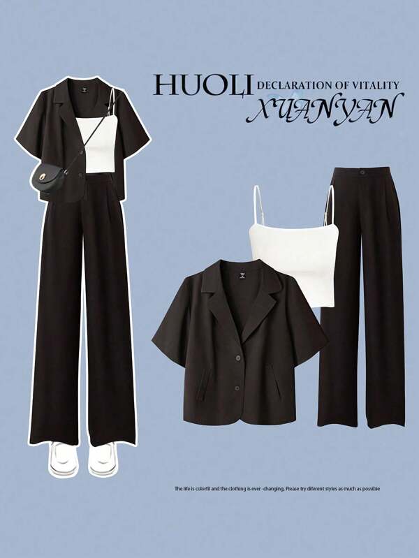 Flirla 3 PiecesSuit Set: Plus Size Casual Short Sleeve Blazer + Camisole + Loose Fit Casual Pants