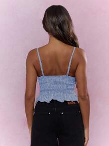 MISSGUIDED Summer Shirred Gingham Cami Top Ruffled Hem Smocked Bodice Crop Tank Top Classic Farmcore Cottagecore Country Style - Blue - View 2
