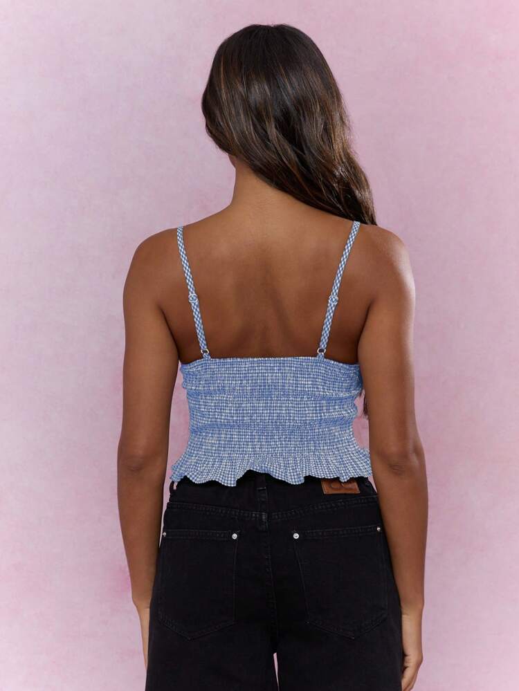 MISSGUIDED Summer Shirred Gingham Cami Top Ruffled Hem Smocked Bodice Crop Tank Top Classic Farmcore Cottagecore Country Style
