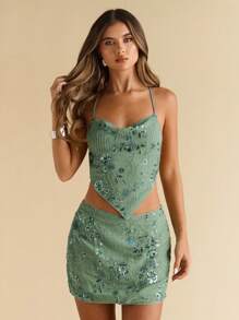 SHEIN BAE Western Road Party 垂坠领露背性感串珠刺绣上衣，适合派对活动、日常休闲装、节日、街头活动 - 薄荷綠 - 查看 6