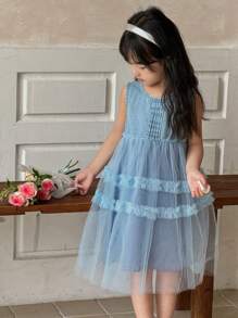 DAZY Young Girl' Round Neck Mesh Patchwork Sleeveless Denim Dress, Fresh Summer Style