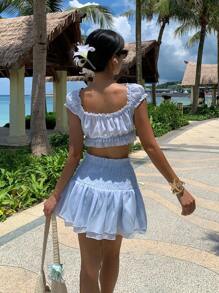 SHEIN EZwear 2 件女式荷叶边蝴蝶结露肩上衣和裙子套装，沙滩装 - 淺藍色 - 查看 2