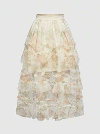 Vintage Elegant Organza Flower Print Women Skirt With Ruffle Hem