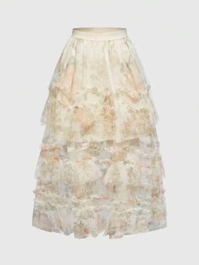 تنورة نسائية أنيقة وفاخرة من الأورجانزا بطبعات زهرية مع حافة بأربطة