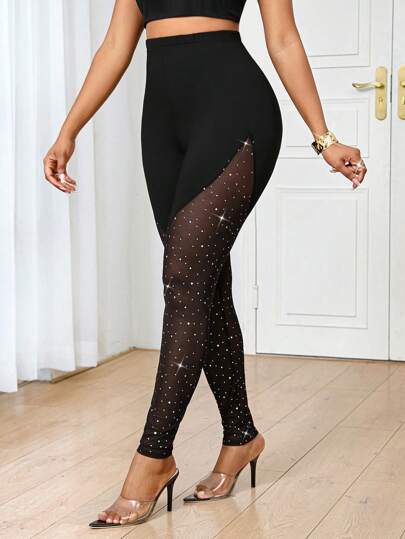 SHEIN Lady 优雅纯色蕾丝拼接高腰女士紧身裤，热钻细节，适合日常通勤