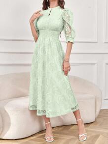 Modelyn اليوم الوطني السعودي فستان ماكسي أنيق لحفلات المساء مزين بالدانتيل وأزرار عند الوسط