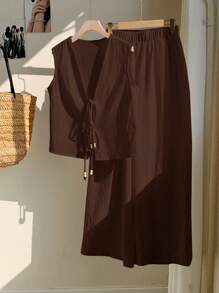 Comfortcana Brown Woven Casual Linen Women's Matching Set - Brown - View 4