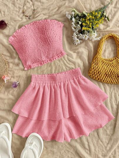 Soleia 2pcs/Set Women Solid Color Bandeau Top And Mini Skirt Set, Fashionable For Summer Pink Two Piece Set Pink Skirt Set Two Piece Skirt Set Summer Skirt And Top Set Cute Two Piece Sets Summer