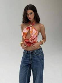 Aloruh 女士性感优雅交叉低胸镂空扎染印花露背衬衫