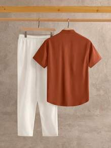 HIMLAND 2 st/set herrset med slim fit, reverskråskrage och kortärmad skjorta och byxor i linneblandning, gamla pengar, mysiga outfits - Brun - Visa 2