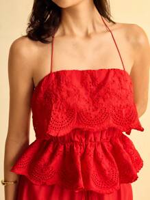 CAJUNI 女士夏季休闲蕾丝边露背系带背心，适合海滩度假 - 紅色 - 查看 3