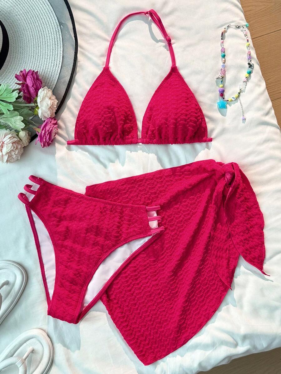 SHEIN Bộ đồ bơi 3 món cho bé gái tuổi teen: Áo hai dây dệt kim màu đỏ hồng, quần bơi, đồ bơi quấn, đồ bơi 3 mảnh - Màu Hồng Tươi - Xem 1