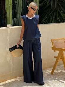 DAZY 两件套女士无袖露脐背心和阔腿牛仔裤，春夏度假装