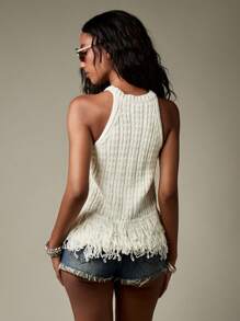 MISSGUIDED Chaleco suéter de punto con dobladillo de flecos acanalados, para uso casual, bohemio, en festivales, para Coachella, en la playa, en primavera y verano