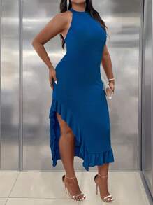 SHEIN PETITE Plus Size Women's Summer Solid Color Ruffle Trim Halter Elegant Dress - Blue - View 7