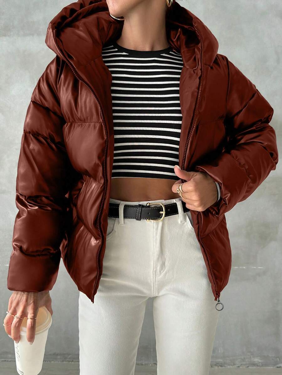 EURMUSE Women's Solid Color Long Sleeve Zipper Collar Casual Hoodie Jacket, Winter - Rust Brown - View 1