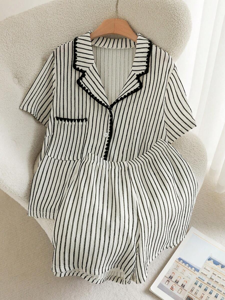 CosyJoli Frauen Große Größen 2 Teile Set, Lässig gestreiftes T-Shirt und Shorts, Sommer