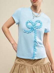 SHEIN Unity Damen Lässig T-Shirt mit 3D plissierter Schleife am Rundhalsausschnitt und Kurzarm - Blau - Übersicht 7