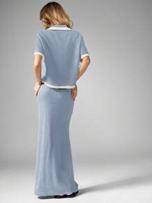 MISSGUIDED Váy Maxi Hai Mảnh Dệt Kim Họa Tiết Waffle Đi Nghỉ Dưỡng Trang Phục Có Ren Phía Trước Và Viền Tương Phản Mùa Hè Dài Xuân - Màu xanh lam - Xem 2