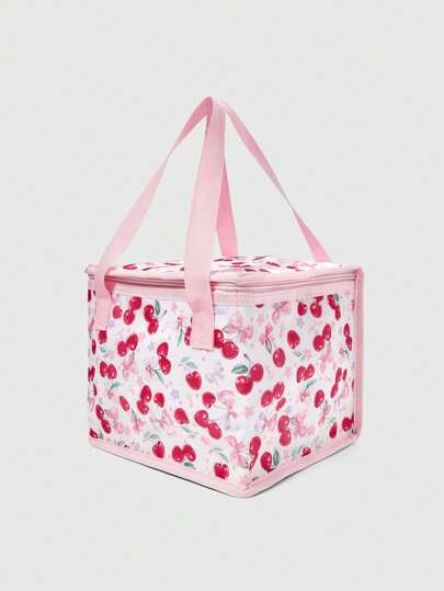 Kawaii 1pc Red Cherry Ditsy Floral Fashionable Portable Insulated Waterproof Lunch Bag, Suitable For Back To School Season And Picnics