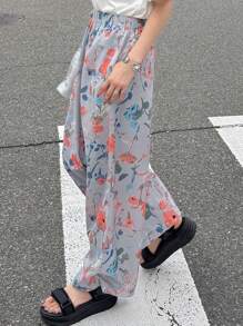 FRIFUL Women's Drawstring Waist Full Print Straight Leg Casual Pants, Versatile Beach Wear