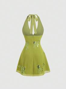 Sweetra 性感欧式夏季清新绿色亮片装饰V领收腰迷你连衣裙，迷人甜美 - 綠色 - 查看 2