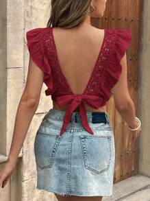 SHEIN Frenchy Women's Solid Colored Lace Patchwork Bowknot Ruffle Sleeve Blouse Christmas Thanks Giving Summer New Year Valentine's Day Vacation Holiday Resort - Red - View 5