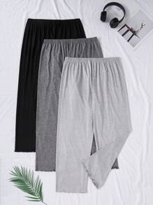 SHEIN 三件套纯色弹力腰直筒舒适裤，针织睡裤，大码，秋冬服装 - 彩色 - 查看 4