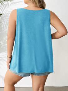 SHEIN CURVE+ Plus Size Women's Casual Solid Color V-Neck Pleated Camisole, Summersummer/Country/Beach Vacation Outfits/Beach Outfits/Beach Wear - Blue - View 2