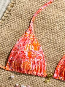 Swim Mod Summer Holiday Random Shell Print Golden Accessory Halter Bikini Top Festival Boho