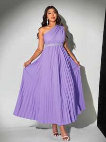 SHEIN Unity 大码女式优雅浪漫派对珍珠装饰不对称领口褶皱飘逸连衣裙 - 紫色 - 查看 4