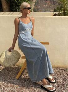 Livesso 女士夏季流苏装饰吊带牛仔连衣裙，返校度假装 - 藍色 - 查看 5