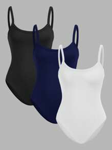 SHEIN EZwear 3 件女式黑色、白色、深蓝色紧身休闲吊带背心连体衣，适合夏季 - 彩色 - 查看 3