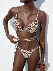 Maija Women's Summer Beach Leopard Print Criss-Cross Sexy Bikini Set - Khaki - View 6