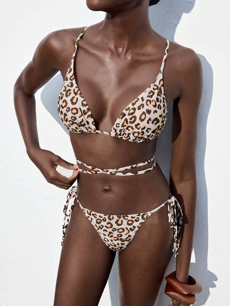 SHEIN Maija Women's Summer Beach Leopard Print Criss-Cross Sexy Bikini Set