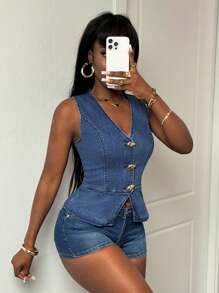 Slaydiva Women's Metal Single Breasted V-Neck Sleeveless Casual Denim Top, Summer Crop Tops Going Out Tops Women Tops Crop Top Tops For Women Denim Top Metal Buckle Decoration - Medium Wash - View 7