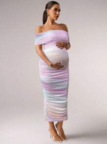 MaterniChic Off Shoulder Fitted Ombre Ruched Maternity Summer Dress - Pink - View 5