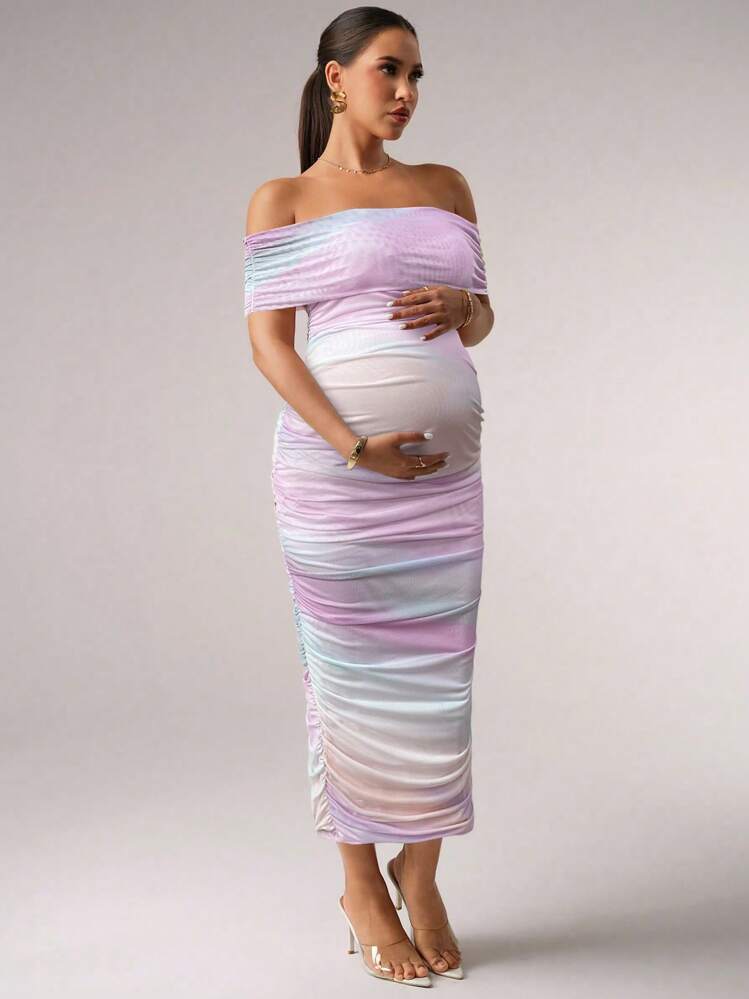 MaterniChic Off Shoulder Fitted Ombre Ruched Maternity Summer Dress - Pink - View 5