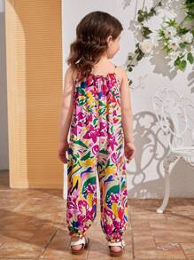 SHEIN Mono informal de pierna ancha con estampado floral para niña, estilo de vacaciones