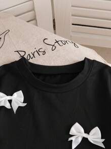 Girls Minimalist Black Short Sleeve T-Shirt & Denim Mini Skirt 2 Pieces Casual Set,3D Bow Decor Summer School Back-To-School Cowgirl Outfit - Multicolor - View 5