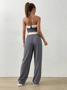SHEIN EZwear Contrast Trim Tube Top & Straight Leg Trousers - Grey - View 2