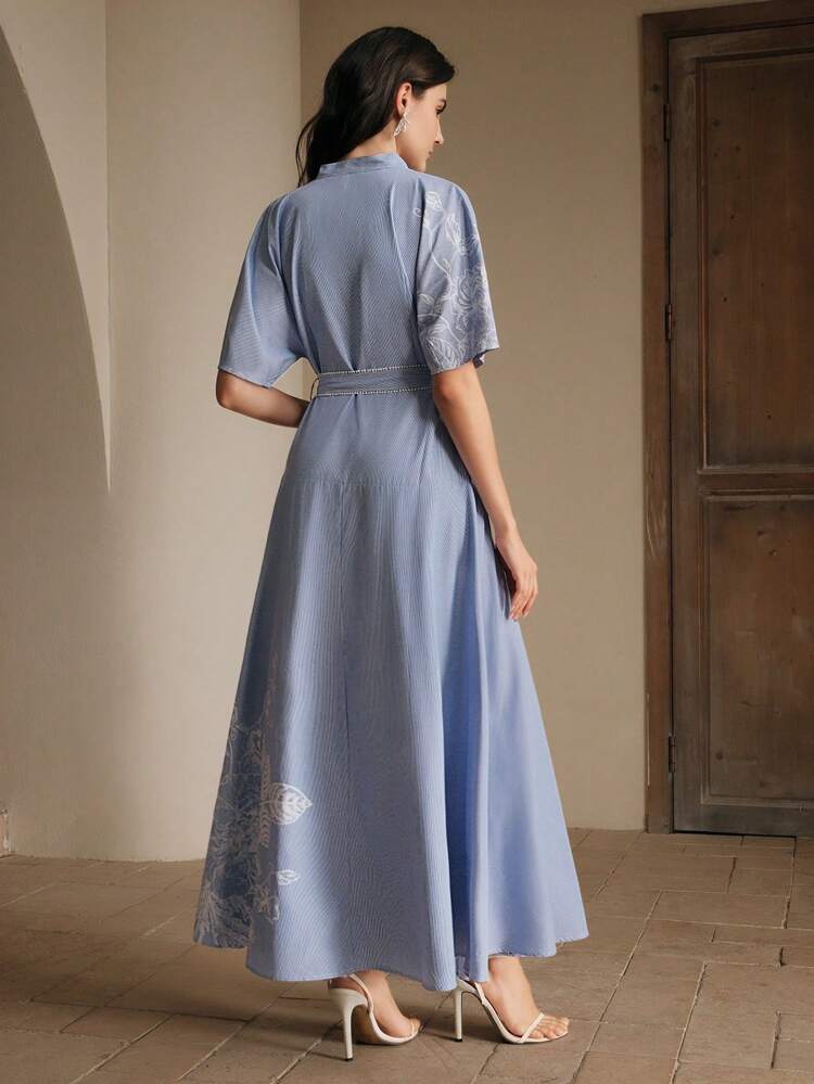 Women's Shirt Dress With Positioning Print, Summer Short Puff Sleeve Striped Positioning Print Waist A-Line Dress Casual Airport Outfit Sash Tie Waist Slimming Dress