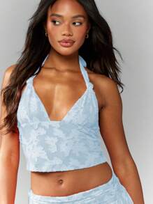 MISSGUIDED Floral Embossed Halter Neck Textured Cami Top Summer Festival Evening Party Ladies Camisole Backless Crop Top - Blue - View 7