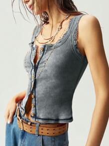 Bohemela 女式纯色针织露肩修身休闲背心 - 藍色 - 查看 5