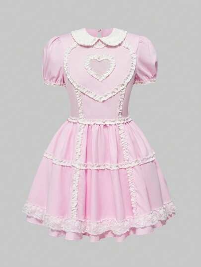 Kawaii Women's Baby Doll Colorblock Peter Pan Collar Heart Hollow Lolita Ruffled Hem Dress