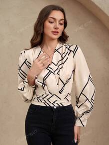 EMERY ROSE Camicetta casual con scollo a V, maniche lunghe, plissettatura integrale e stampa floreale casuale, maglie a maniche lunghe