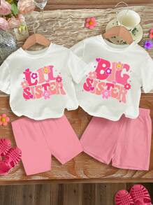 SHEIN Happikins Matching Sister Sets Cute Pink Letter "Lil Sister" & Flower Print, Baby Girl Casual Minimalist Round Neck Short Sleeve T-Shirt & Skinny Shorts Suit, Suitable For Spring/Summer - Multicolor - View 3
