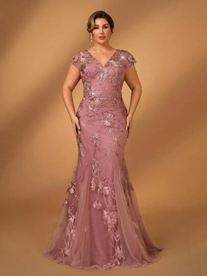 Serin 加大码 V 领花卉刺绣优雅莲花粉色亮片装饰晚礼服