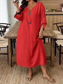 EMERY ROSE 大码纯色V领休闲度假卷袖连衣裙工作夏季连衣裙女装女士夏季服装女士大码太阳裙夏季服装 - 紅色 - 查看 4