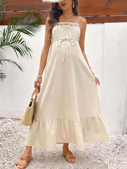 SHEIN 孕妇花卉印花荷叶边下摆无袖度假连衣裙度假装夏季孕妇装